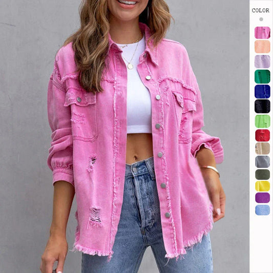 Stylish ripped denim jacket for trendy women in a variety of vibrant colors