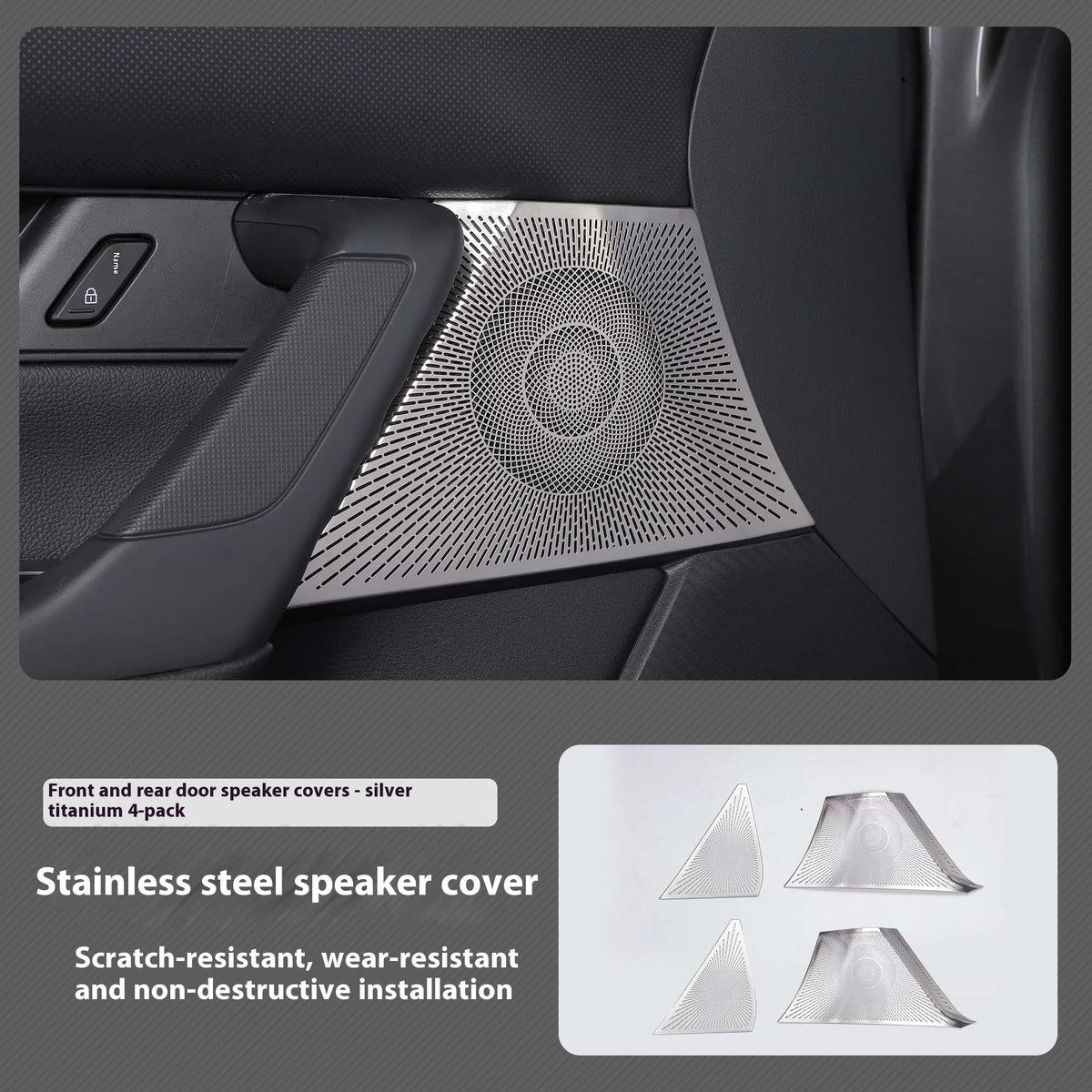 Stainless steel horn cover for Mazda CX50 with adhesive backing, shown in Black Titanium or Silver Titanium finish