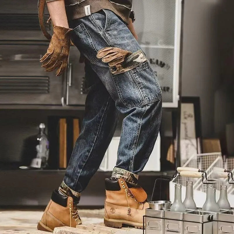 Men's blue heavy distressed cargo jeans, loose fit, mid waist, button fly, cotton denim.