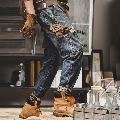 Men's blue heavy distressed cargo jeans, loose fit, mid waist, button fly, cotton denim.