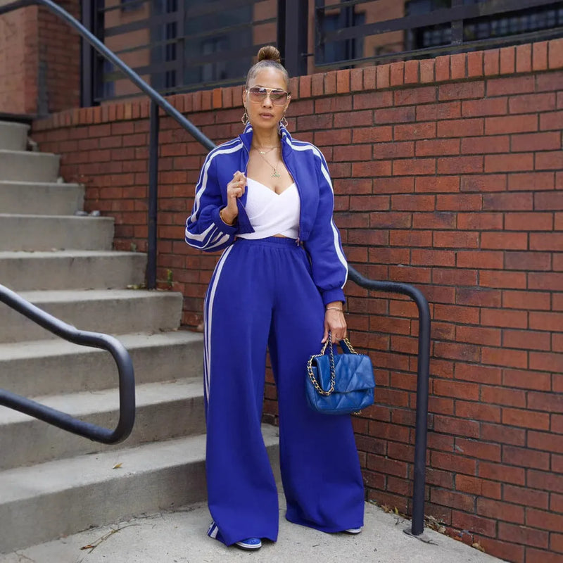 Women's Striped Two-Piece Suit Set Polyester Casual Zipper Thickening Sweater and Matching Trousers for Leisure and Commuting in Street Hipster Style with Sizes S to XXL in Grey, Black, Red, Pink, Green, or Blue