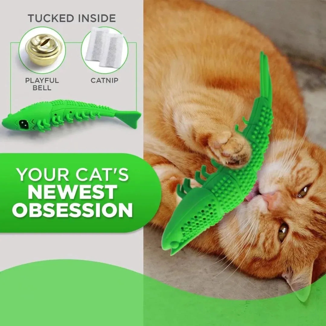 Blue hard rubber cat chew toy with catnip and a bell for dental care and interactive play.