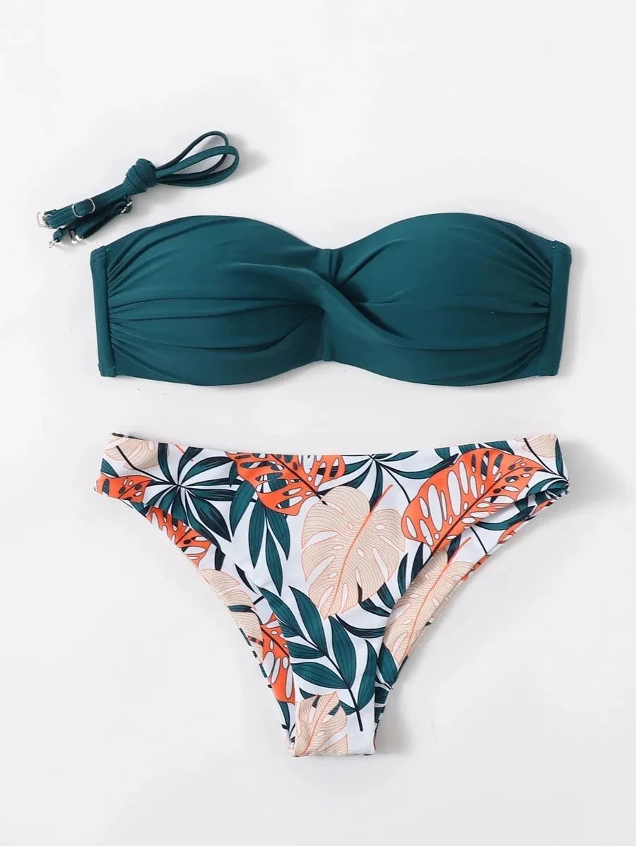 Green split push-up bikini swimsuit set with matching hard storage bag