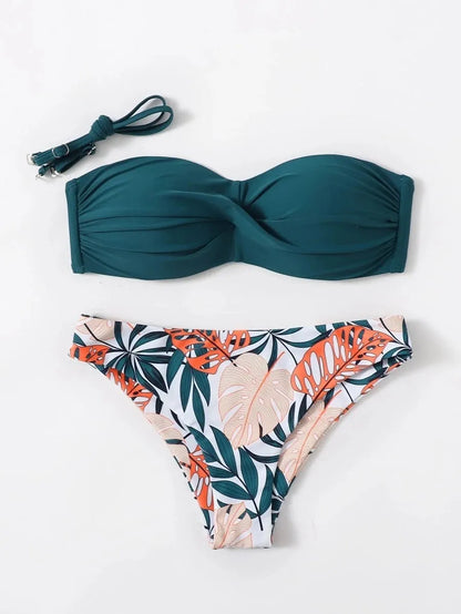 Green split push-up bikini swimsuit set with matching hard storage bag