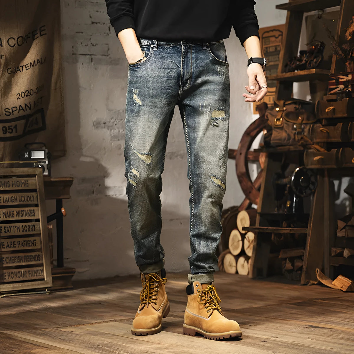 Men's vintage blue straight-leg jeans with a fleece lining and drawstring waist closure.