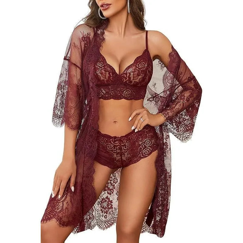 Lace fabric ladies underwear set in apricot colour, available in sizes S to 2XL.