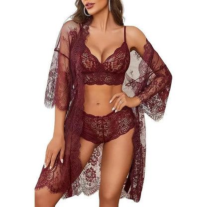 Lace fabric ladies underwear set in apricot colour, available in sizes S to 2XL.
