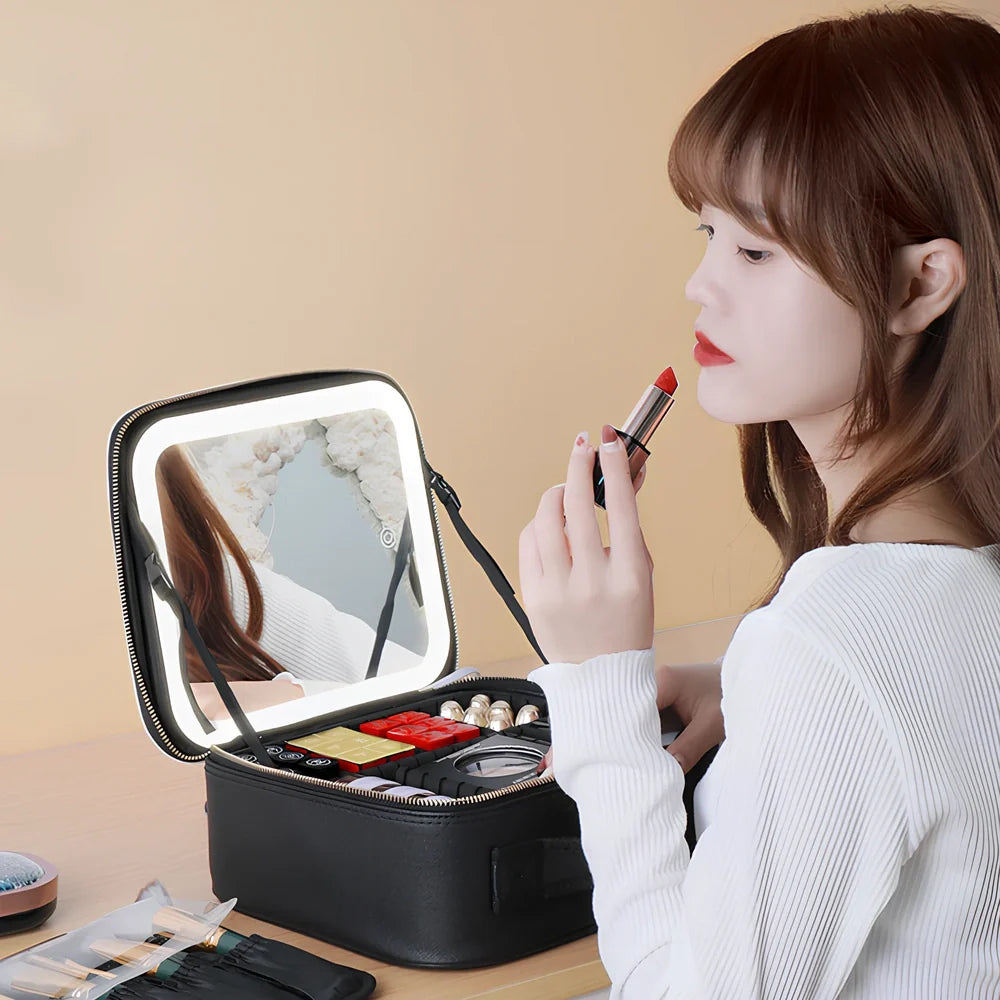 Large cosmetics bag with LED mirror light in black, measuring 26cm wide with USB charger