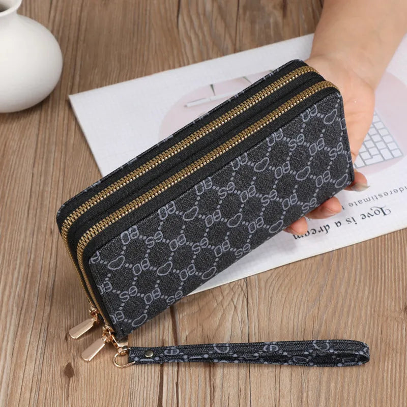 Black European retro style PU leather long wallet clutch open to show mobile phone pocket, coin purse, and zipper compartments