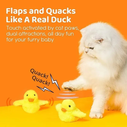 Yellow electric flapping duck cat toy with vibration sensor and USB-C charging cable