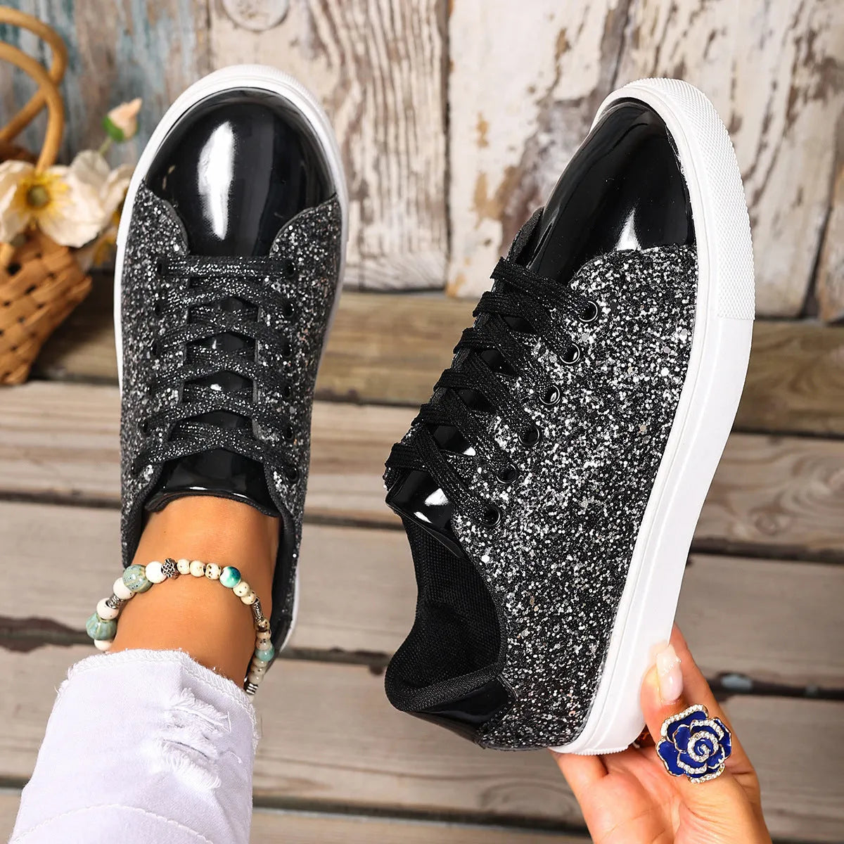 Women's plus size black board shoes with sequined front panel and lace-up closure