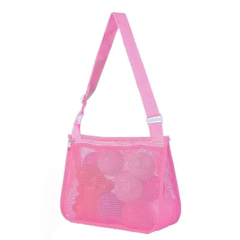 Blue children's drawstring travel storage bag made of nylon mesh for organising toys and clothes.