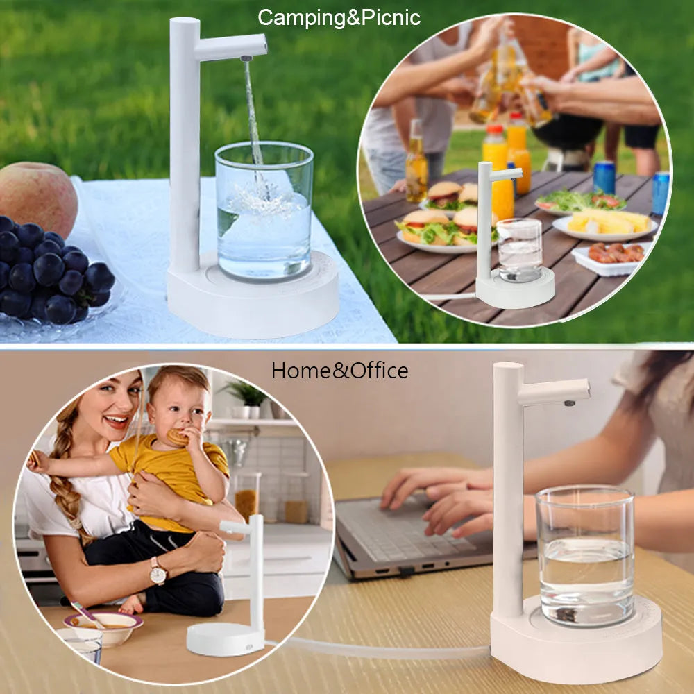 White electric water dispenser pump with USB cable for 5-gallon water bottles on desk
