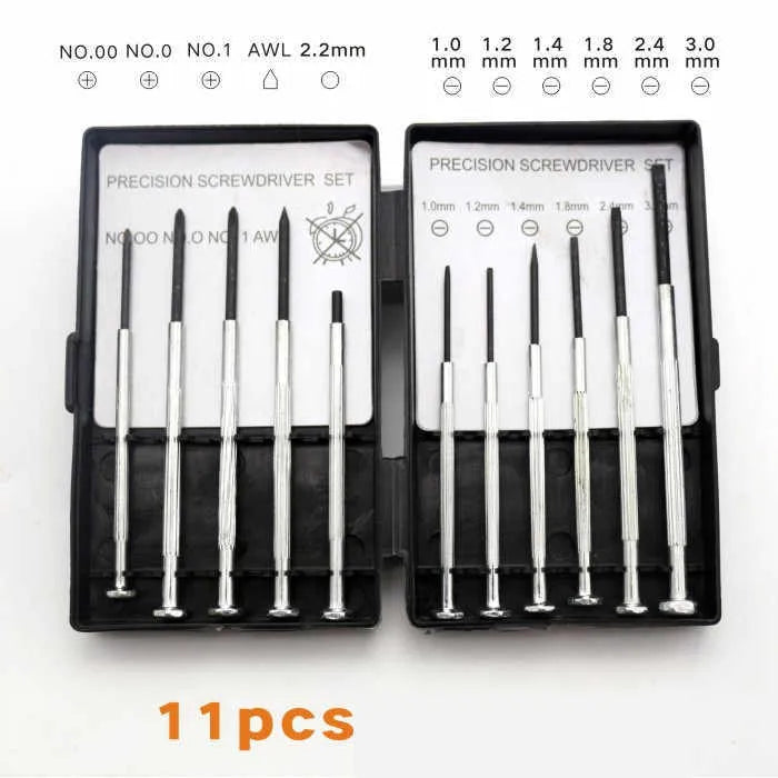 TH-6177 11-piece clock screwdriver set with alloy heads and non-slip handles.