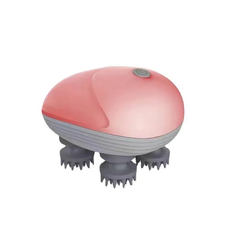 Blue handheld electric pet massager with four rotating heads on a white background.