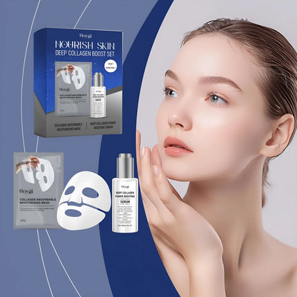 Collagen moisturising suit kit showing facial mask and 30ml essence bottle for skincare treatment