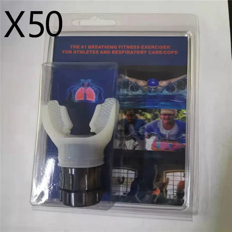 White and black adjustable resistance breathing trainer with silicone mouthpiece