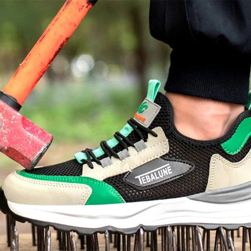 Black green mesh safety shoe with plastic steel toe cap, low-top design, and TPU sole