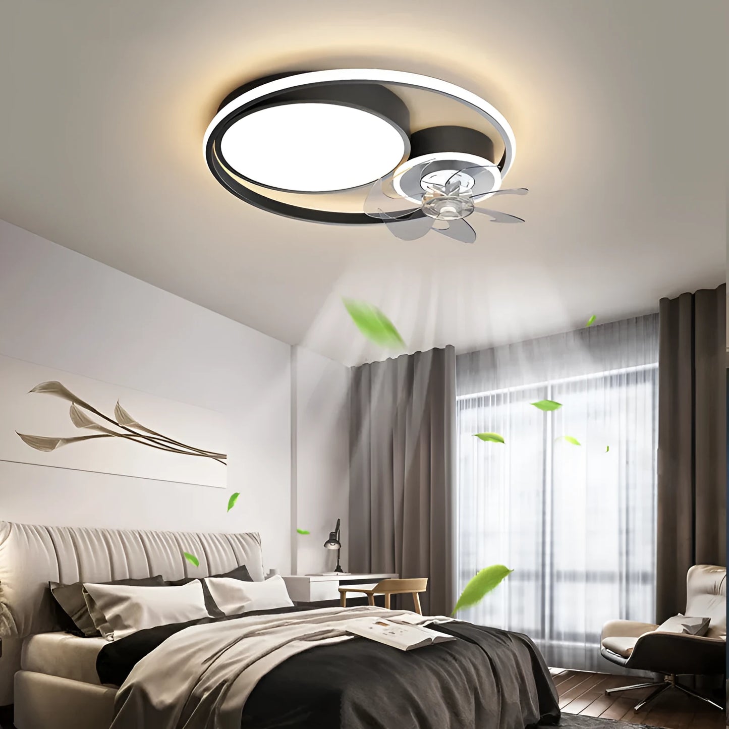 Nordic-style ceiling fan with integrated acrylic lampshade and remote control, shown in matte black finish.