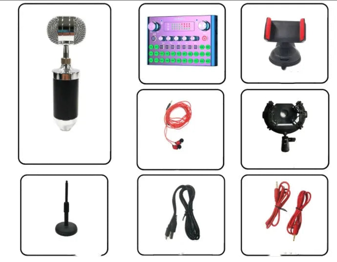 F007plus USB sound card and condenser microphone for live broadcast, shown with bracket.