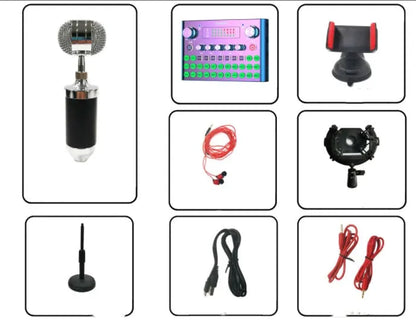 F007plus USB sound card and condenser microphone for live broadcast, shown with bracket.