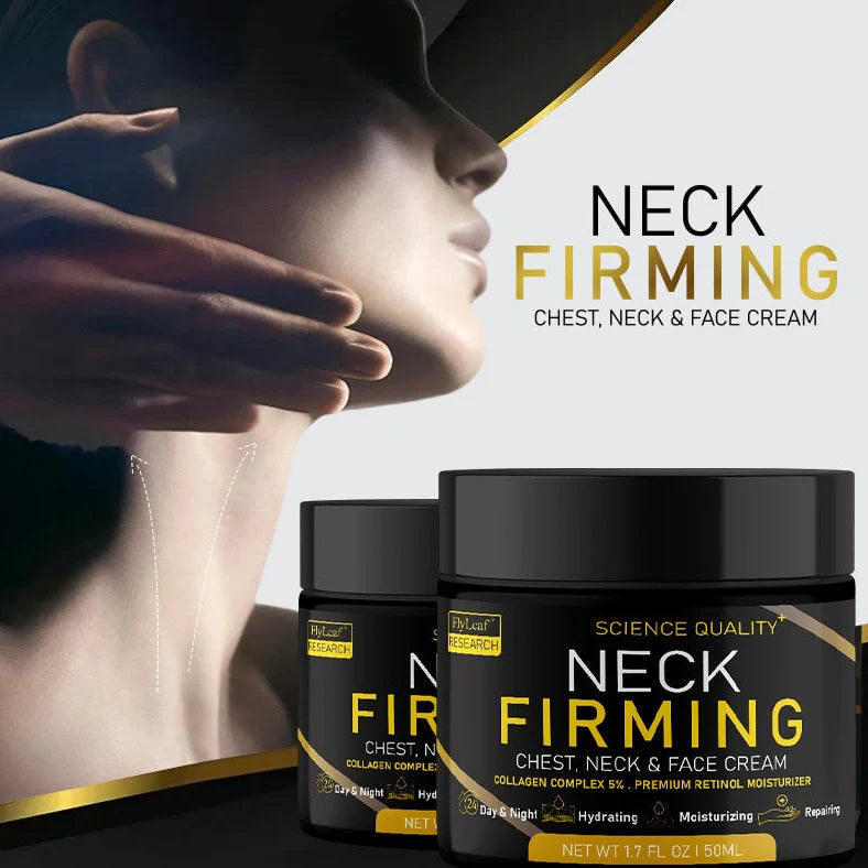 50ml neck firming cream jar showing clinical 30% wrinkle reduction results with hyaluronic acid and marine collagen formula