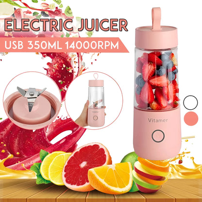 White portable USB rechargeable blender bottle with silicone handle on a Tritan cup.