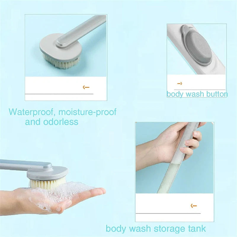 Dual-purpose shower brush with ergonomic handle and detachable head in yellow, grey, green, and pink