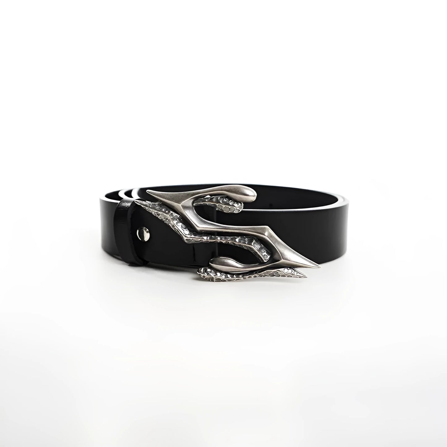 Men's black leather belt with a silver metal letter-design buckle on a flat surface.