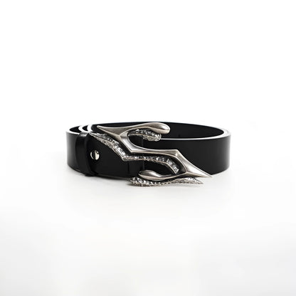 Men's black leather belt with a silver metal letter-design buckle on a flat surface.