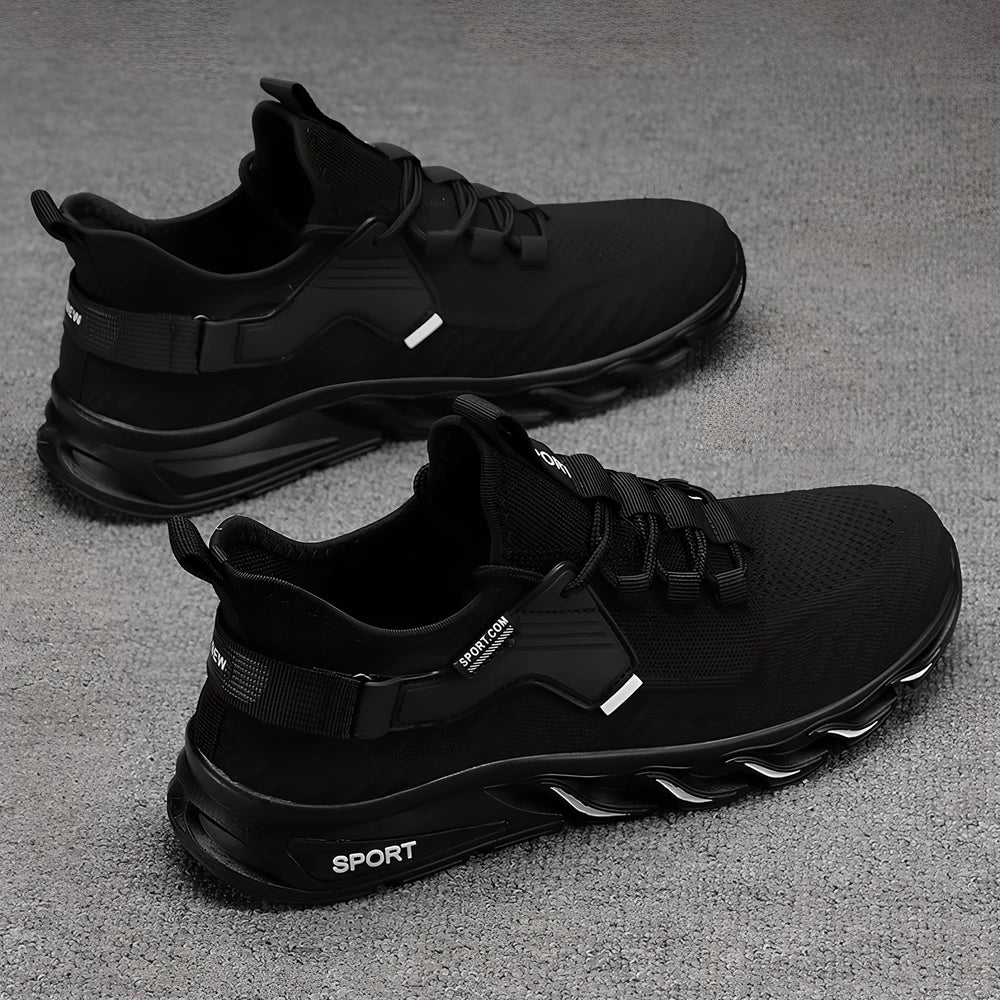 Flying woven breathable mesh sports shoes in black with blue accents showing mesh construction