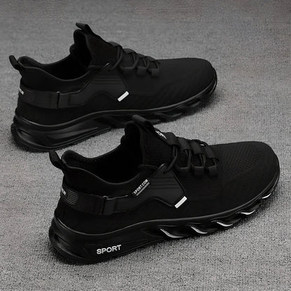 Flying woven breathable mesh sports shoes in black with blue accents showing mesh construction