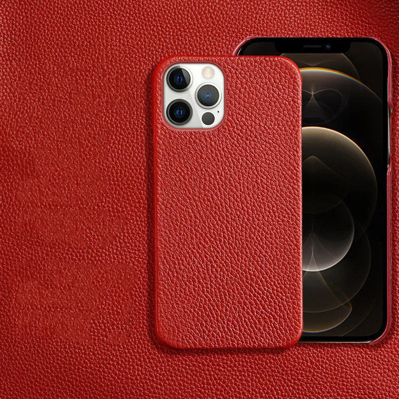 Genuine leather half-wrap iPhone protective case in beige, black, brown, orange, or pink colour.