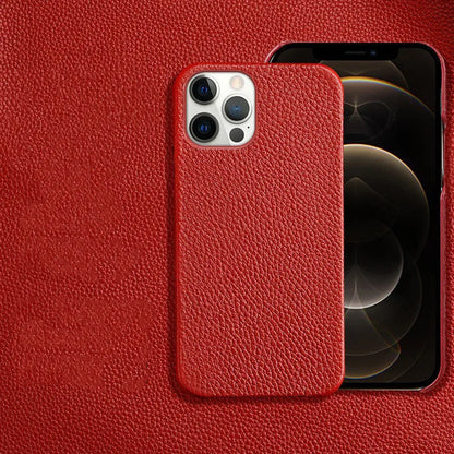 Genuine leather half-wrap iPhone protective case in beige, black, brown, orange, or pink colour.