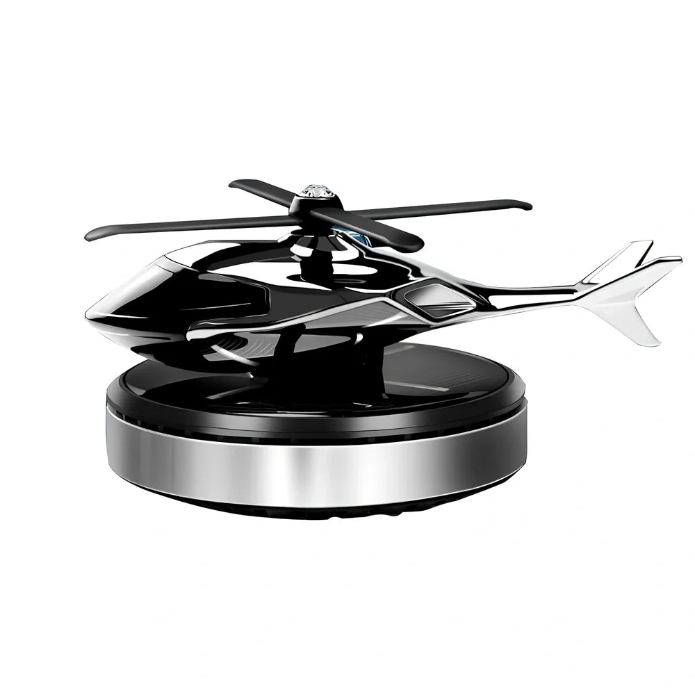 Solar helicopter car air freshener with rotating propeller and metal construction
