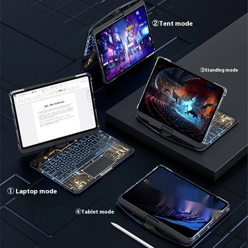 Transparent rotating keyboard case for iPad Air 5 with detachable Bluetooth keyboard open.