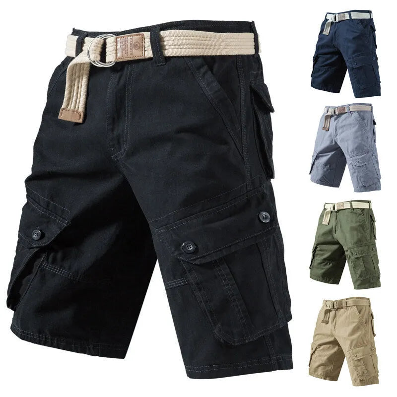 A pair of loose-fit cargo shorts in army green cotton-polyester fabric for summer, shown with multiple pockets.