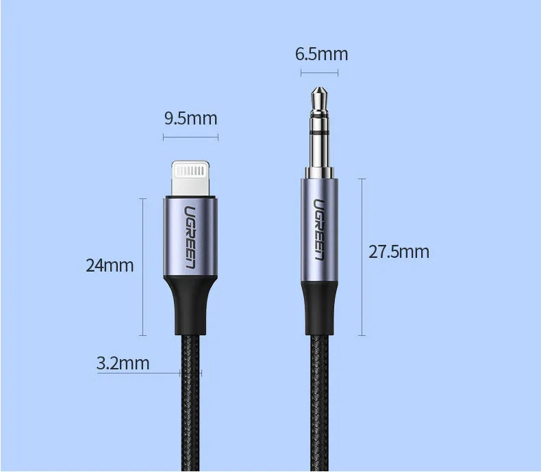 Black Apple Lightning to 3.5mm audio cable for car with silk braid and aluminium shell