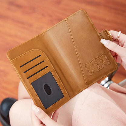 PU passport wallet with sewing line detail, shown in multiple colours including black, pink, and blue, featuring anti-theft swiping protection.