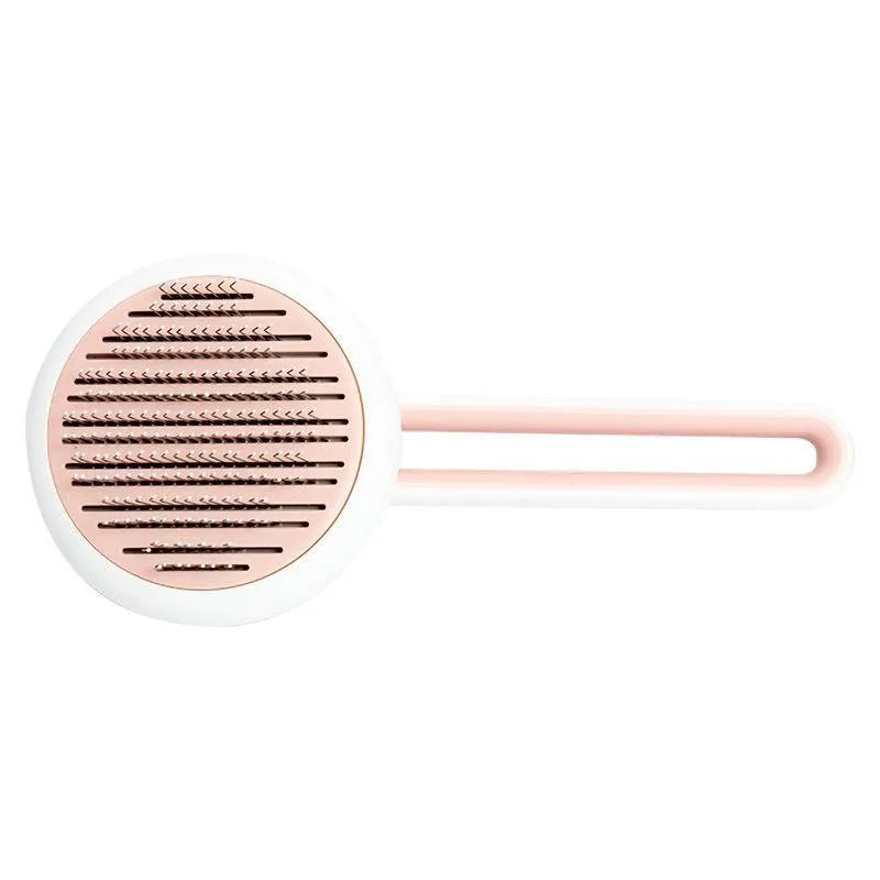 Automatic pet grooming brush with stainless steel teeth and coloured handle showing release button