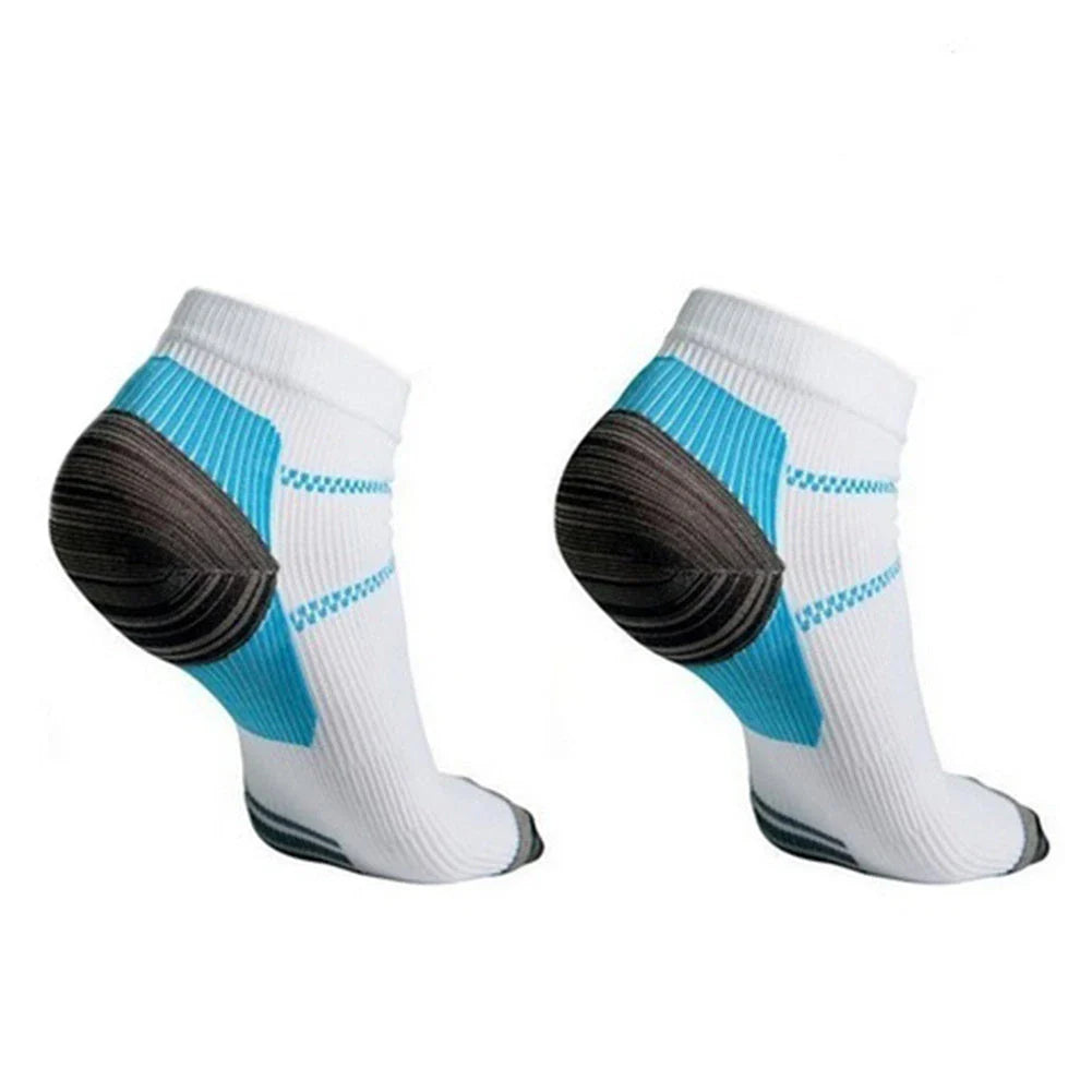 Compression socks designed to relieve plantar fasciitis and heel spur pain, featuring breathable and moisture-wicking materials for all-day comfort.