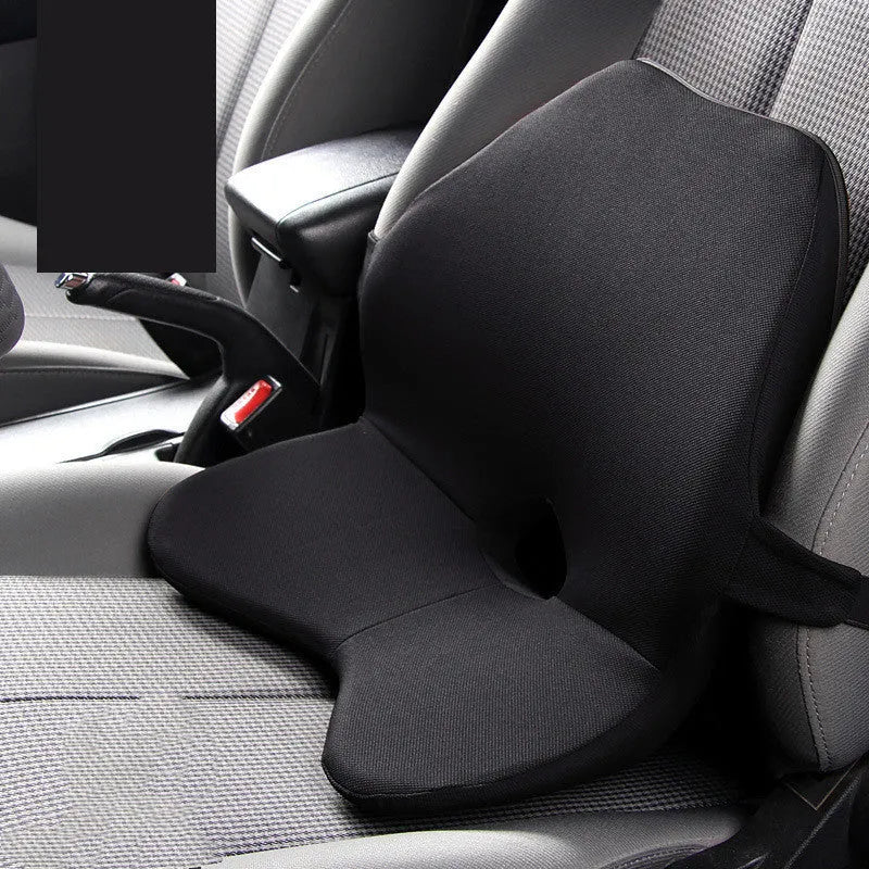 Black memory cotton car seat cushion with lumbar support and integrated headrest on a car seat.