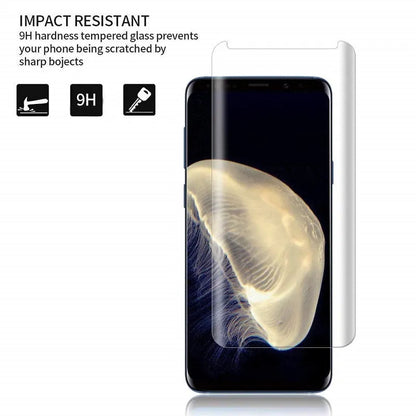 3D Allglue tempered glass screen protector for Samsung Galaxy phones on a black background.