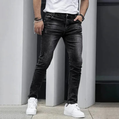 Men's stretch cotton spandex jeans in straight leg skinny cut, dark blue colour