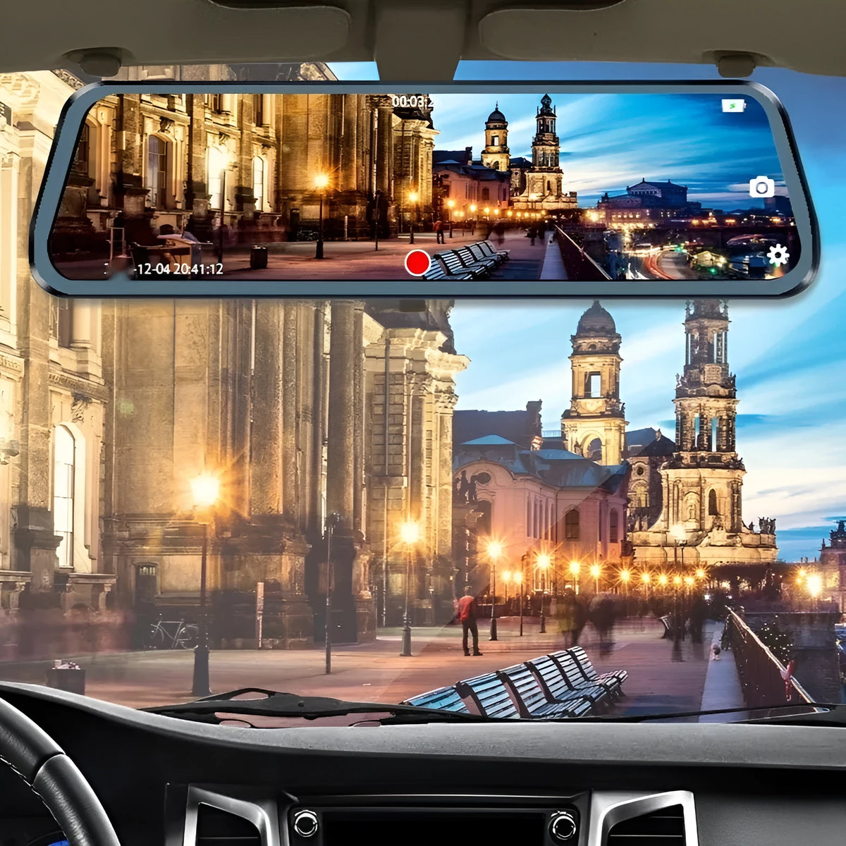 Car rearview mirror camera with 9.88 inch touch screen, 1080p recording, WiFi and motion detection, 34cm x 12cm x 6cm