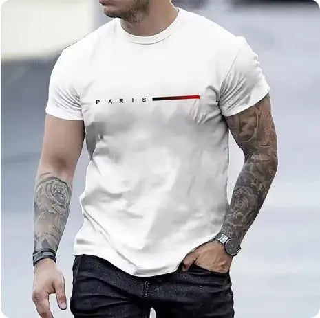Men's slim fit 3D printed mesh top in a light colour on a hanger, showing short sleeves and patterned fabric.