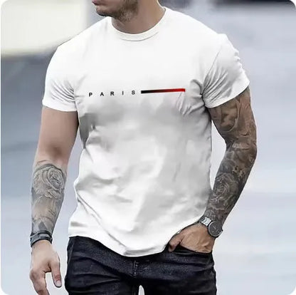 Men's slim fit 3D printed mesh top in a light colour on a hanger, showing short sleeves and patterned fabric.