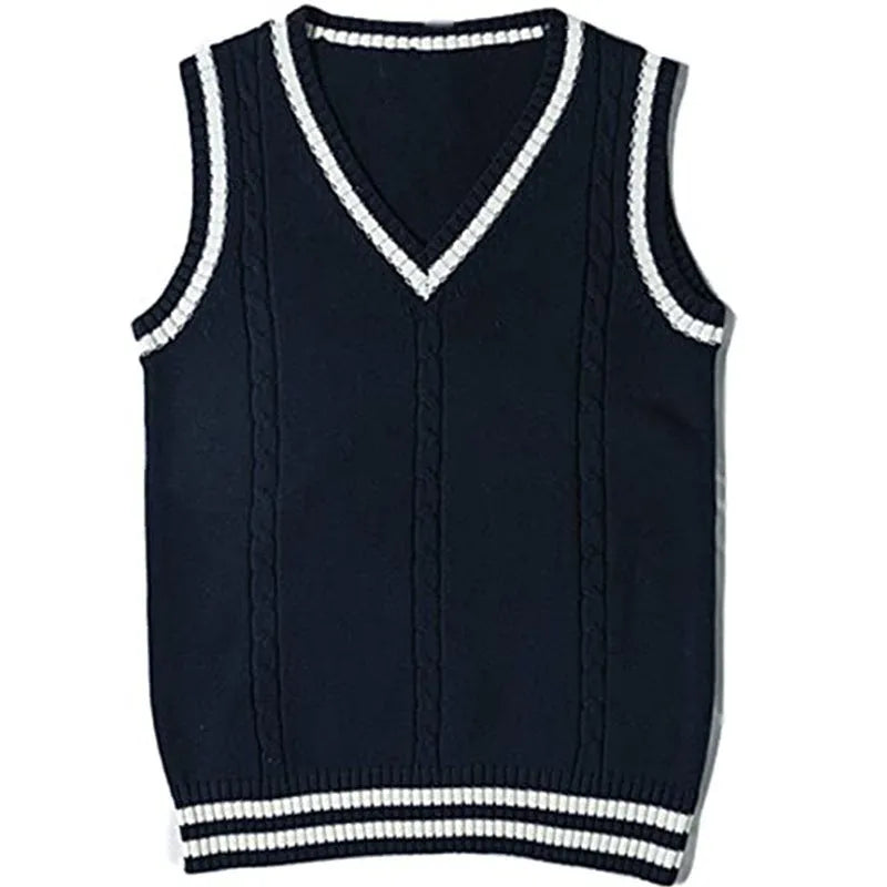 Women's V-neck striped stitching knitted sweater in slim fit, available in white, black, dark blue, wine red, and brown