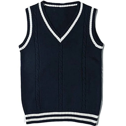 Women's V-neck striped stitching knitted sweater in slim fit, available in white, black, dark blue, wine red, and brown