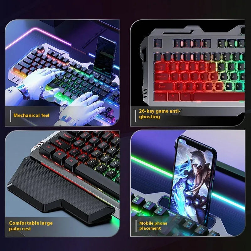 Aluminium alloy mechanical gaming keyboard with rainbow lighting, shown with a macro mouse and gaming headset.